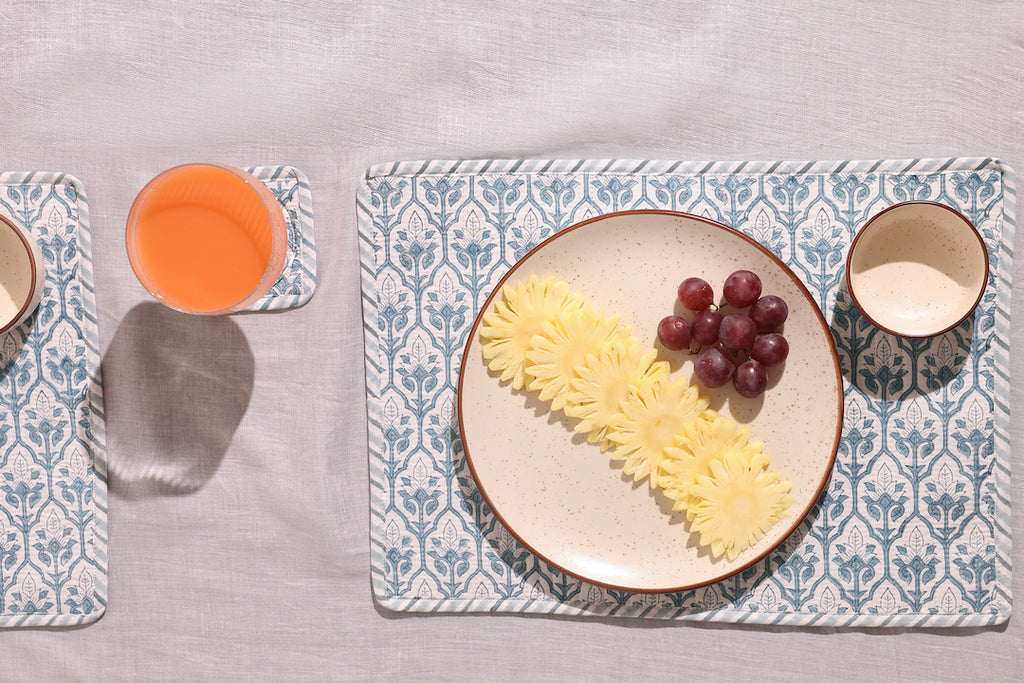 Hand-Block Printed Reversible Quilted Placemat & Coaster (Set of 4)