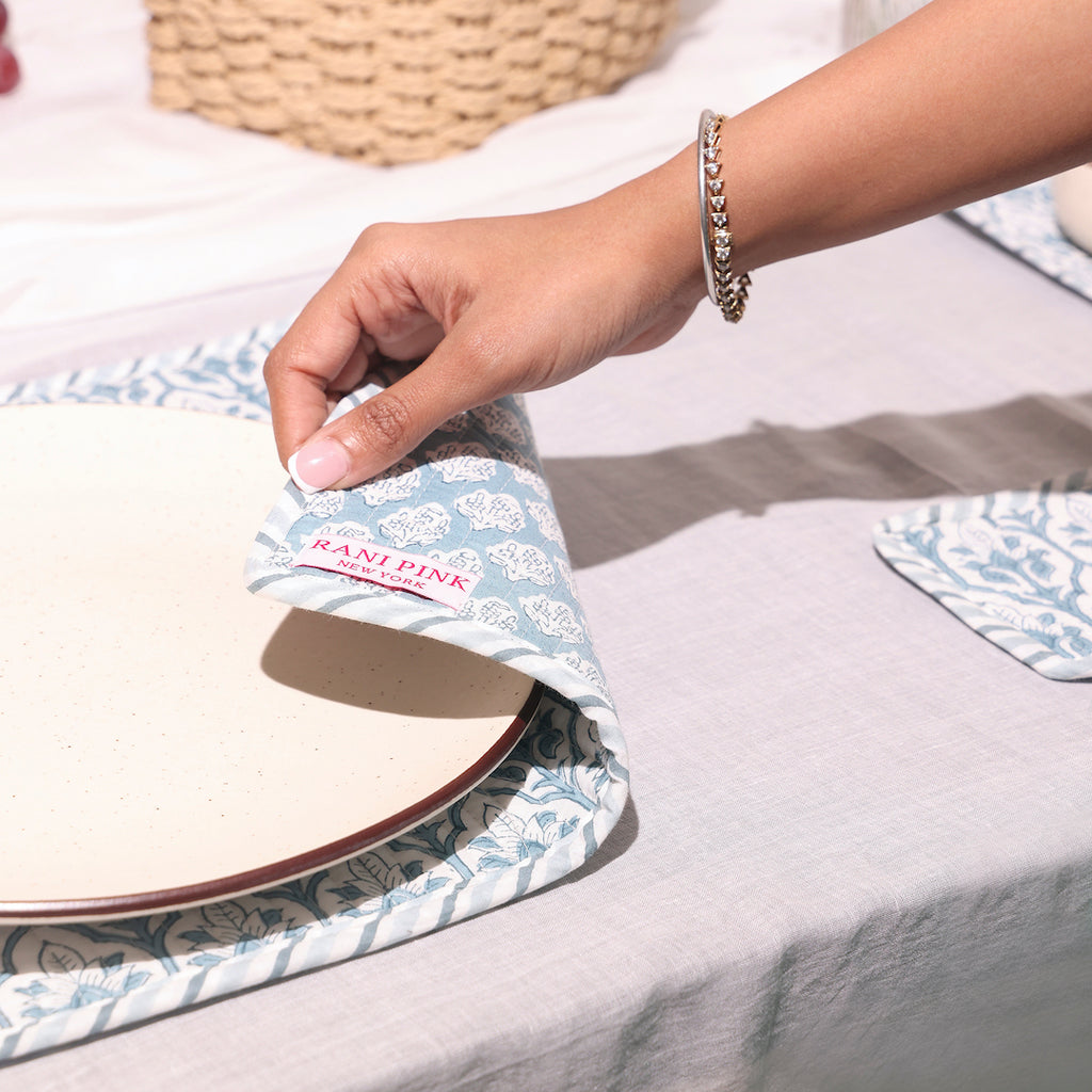 Hand-Block Printed Reversible Quilted Placemat & Coaster (Set of 4)