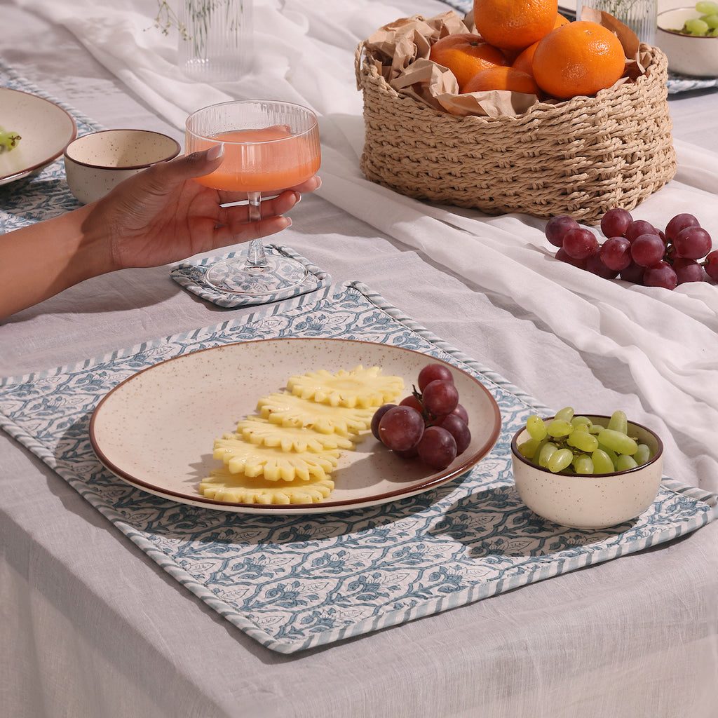 Hand-Block Printed Reversible Quilted Placemat & Coaster (Set of 4)