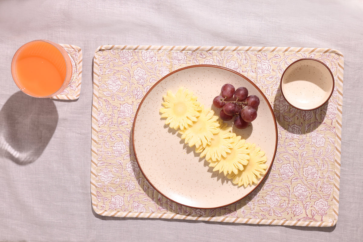 Hand-Block Printed Reversible Quilted Placemat & Coaster (Set of 4)