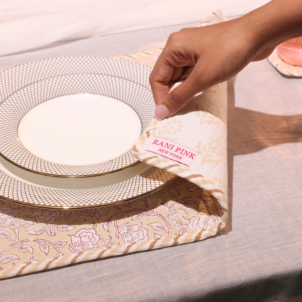 Hand-Block Printed Reversible Quilted Placemat & Coaster (Set of 4)