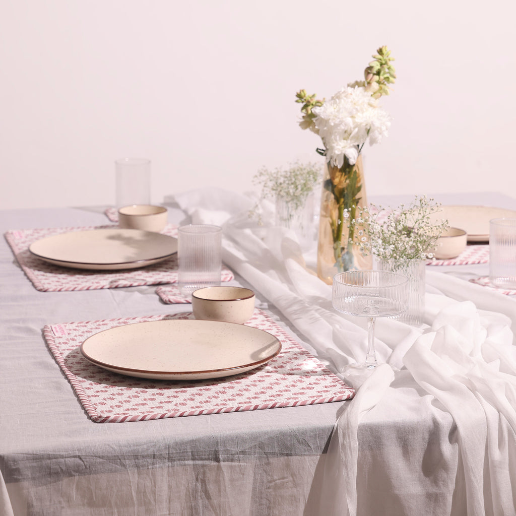 Hand-Block Printed Reversible Quilted Placemat & Coaster (Set of 4)