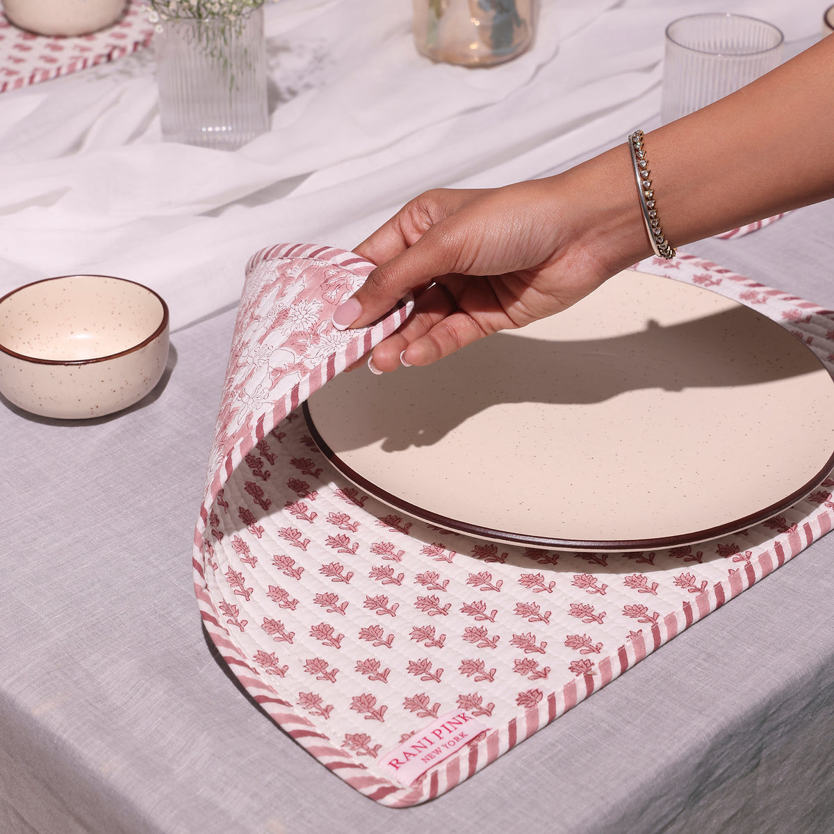 Hand-Block Printed Reversible Quilted Placemat & Coaster (Set of 4)