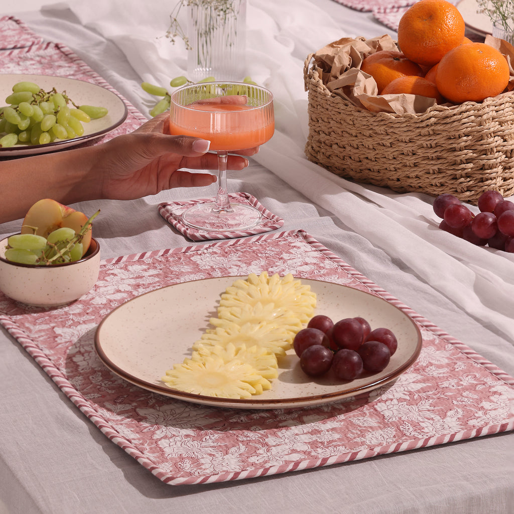 Hand-Block Printed Reversible Quilted Placemat & Coaster (Set of 4)