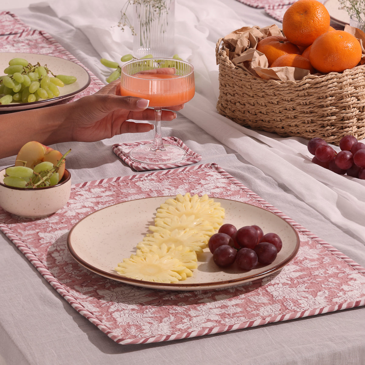Hand-Block Printed Reversible Quilted Placemat & Coaster (Set of 4)