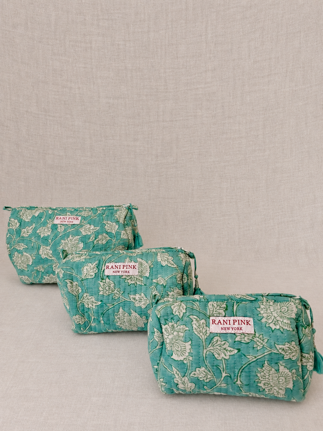 Hand-Printed Cotton Pouch Set of 3, Large, Medium and Small Travel Organizer Bags