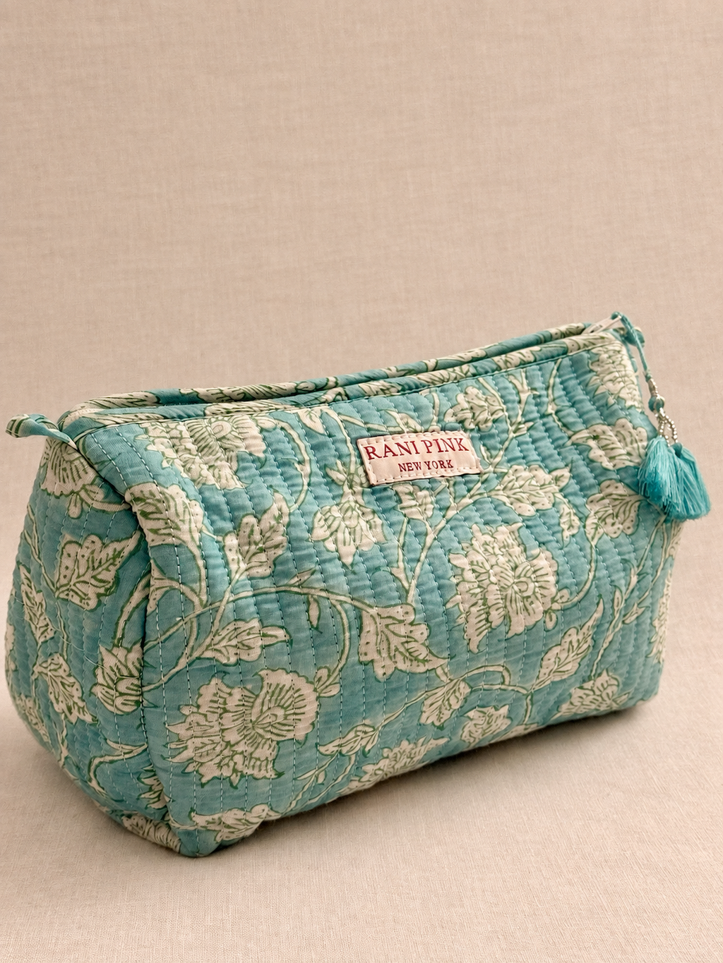 Large Hand-Printed Cotton Travel Pouch, Makeup and Toiletry Bag with Interior Pockets