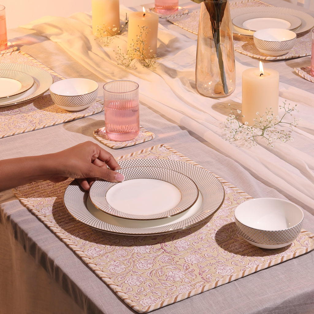 Hand-Block Printed Reversible Quilted Placemat & Coaster (Set of 4)