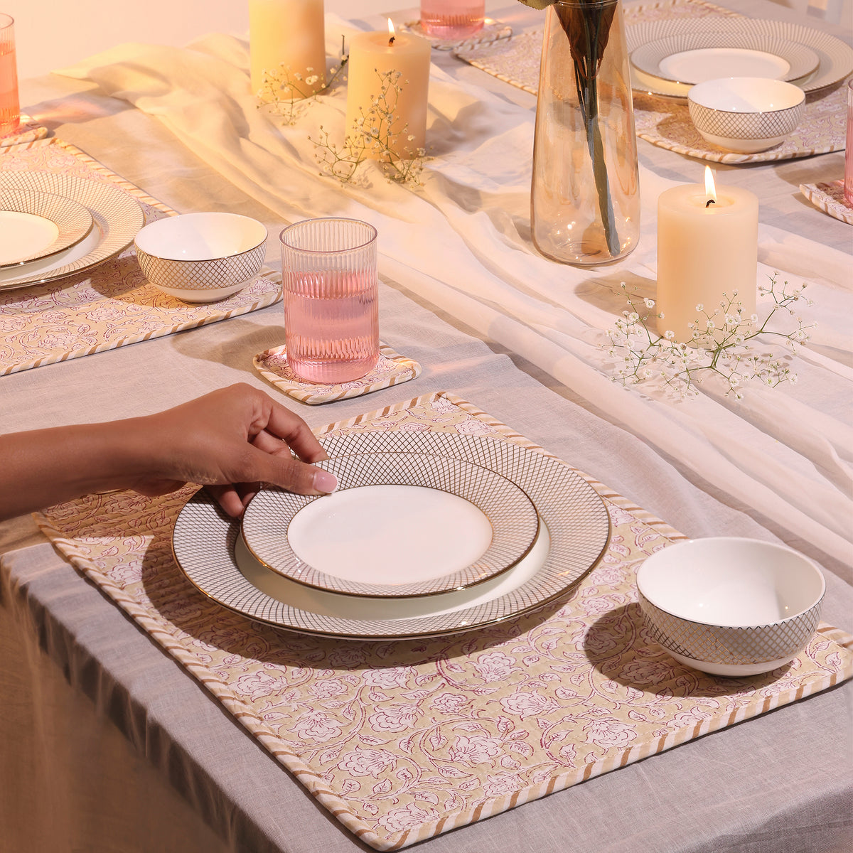 Hand-Block Printed Reversible Quilted Placemat & Coaster (Set of 4)