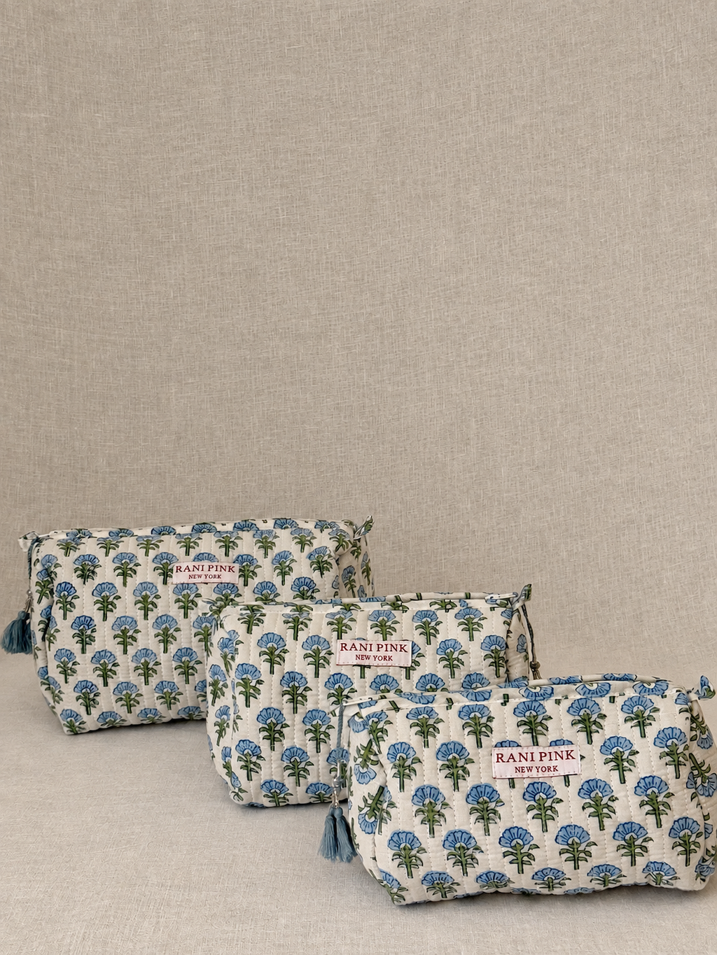 Hand-Printed Cotton Pouch Set of 3, Large, Medium and Small Travel Organizer Bags