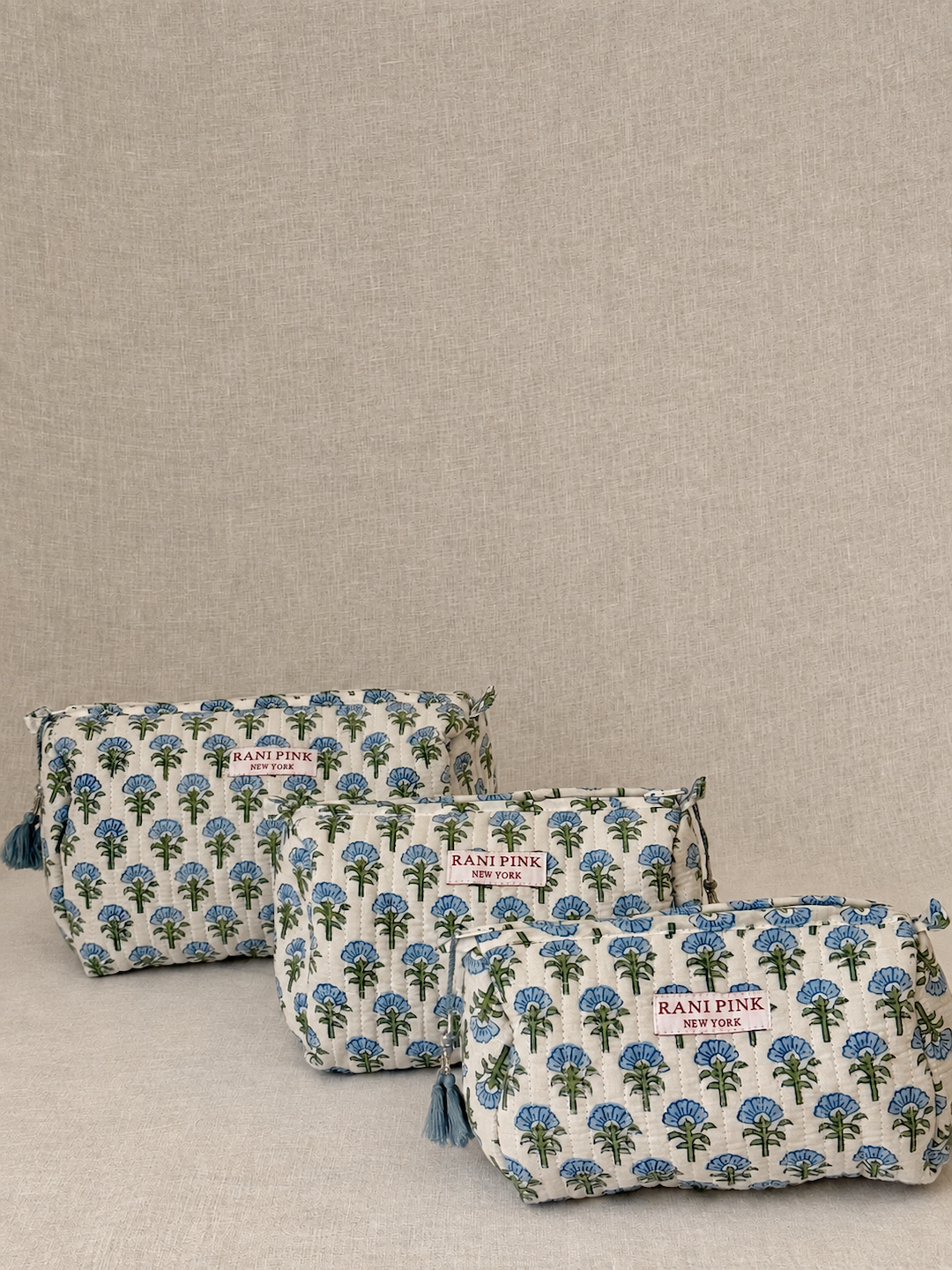 Hand-Printed Cotton Pouch Set of 3, Large, Medium and Small Travel Organizer Bags