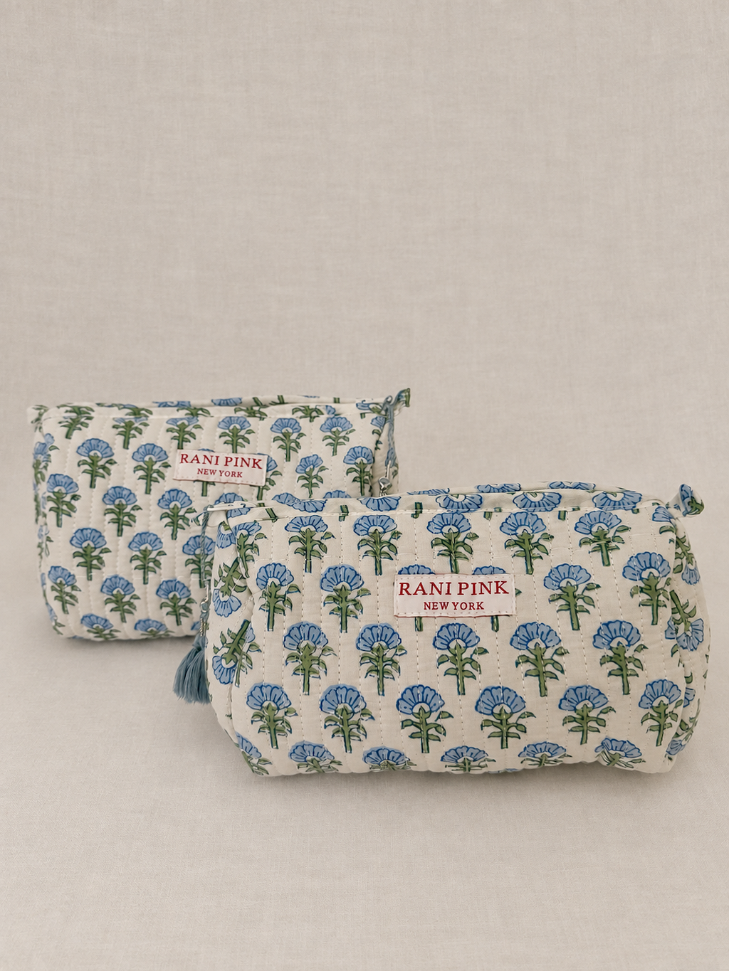 Hand-Printed Cotton Pouch Set of 2, Medium and Small Travel Organizer Bags