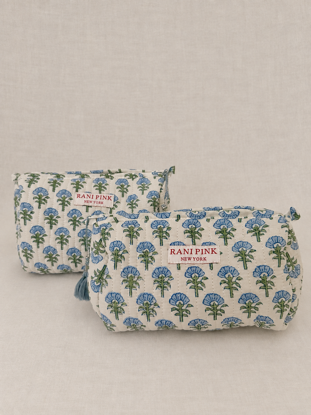 Hand-Printed Cotton Pouch Set of 2, Medium and Small Travel Organizer Bags