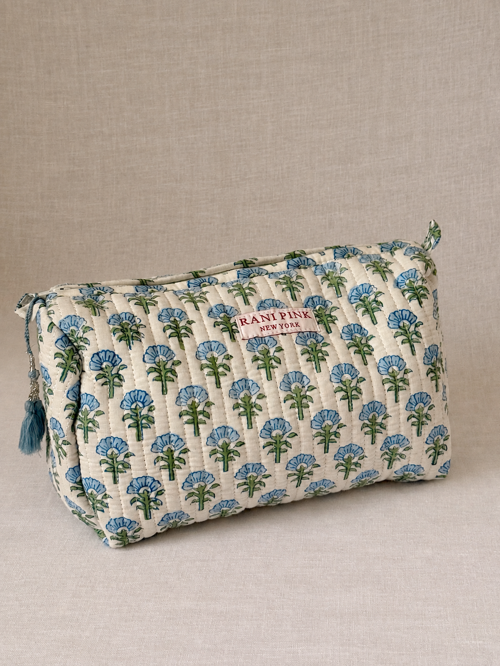 Large Hand-Printed Cotton Travel Pouch, Makeup and Toiletry Bag with Interior Pockets