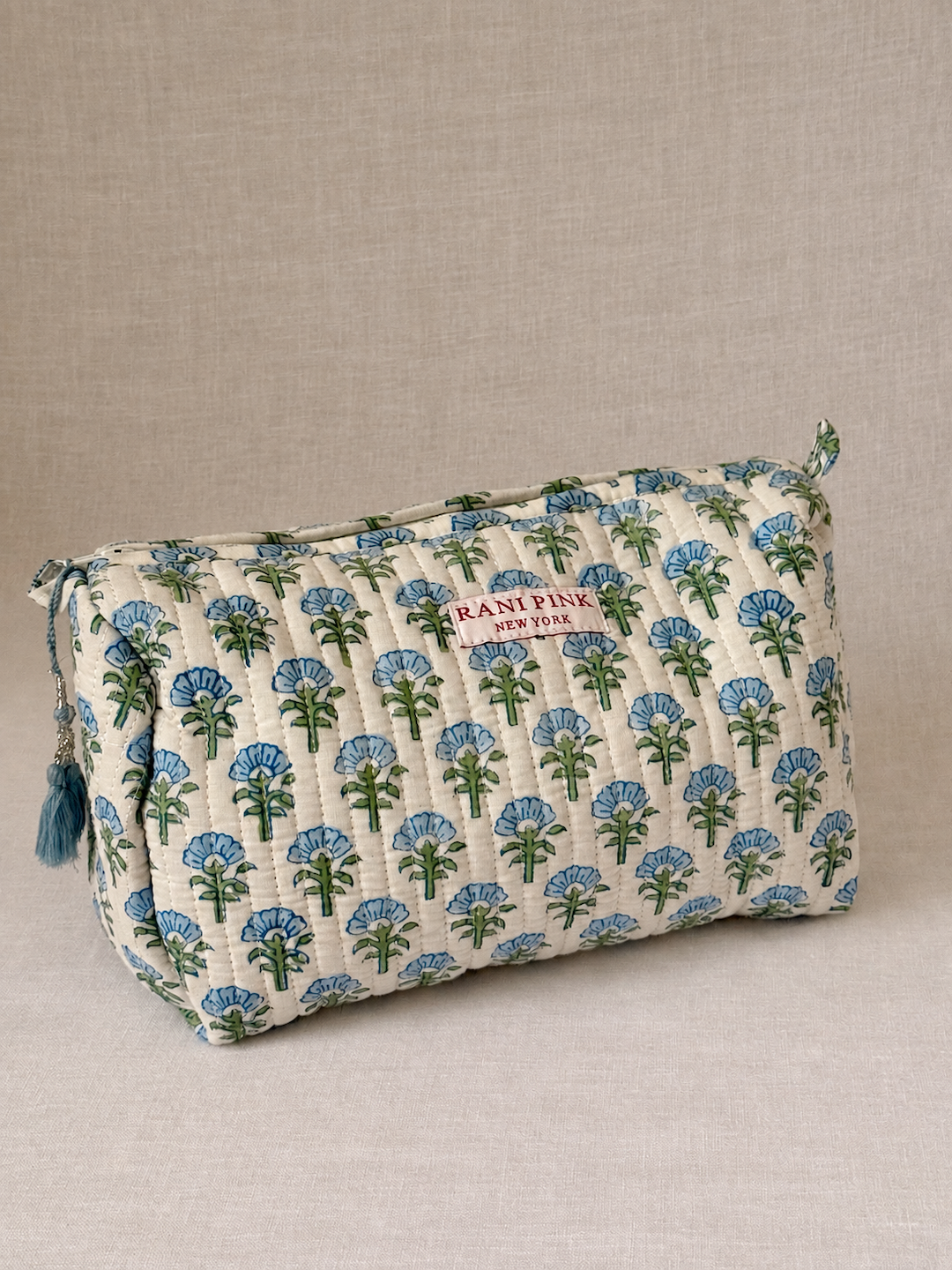Large Hand-Printed Cotton Travel Pouch, Makeup and Toiletry Bag with Interior Pockets