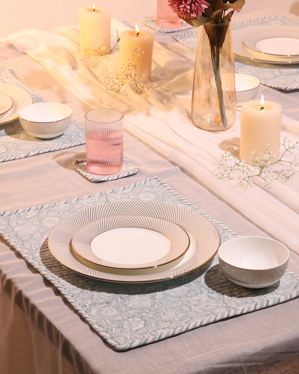 Hand-Block Printed Reversible Quilted Placemat & Coaster (Set of 4)