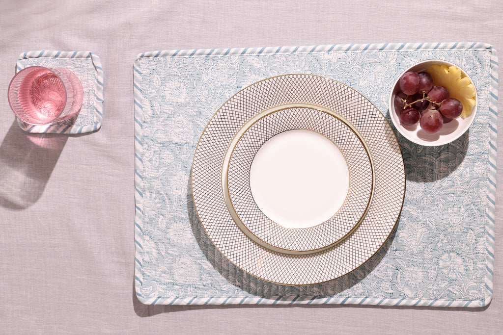Hand-Block Printed Reversible Quilted Placemat & Coaster (Set of 4)