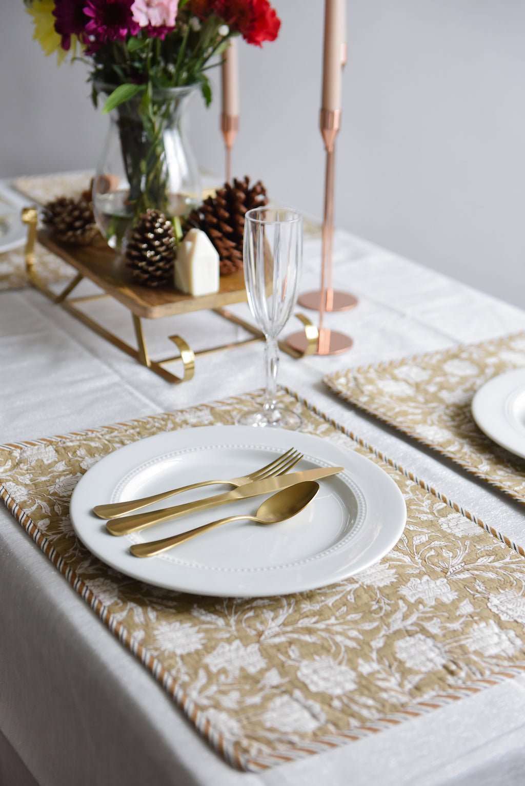 Coffee Reversible Hand-Block Printed Quilted Placemat (Set of 2)