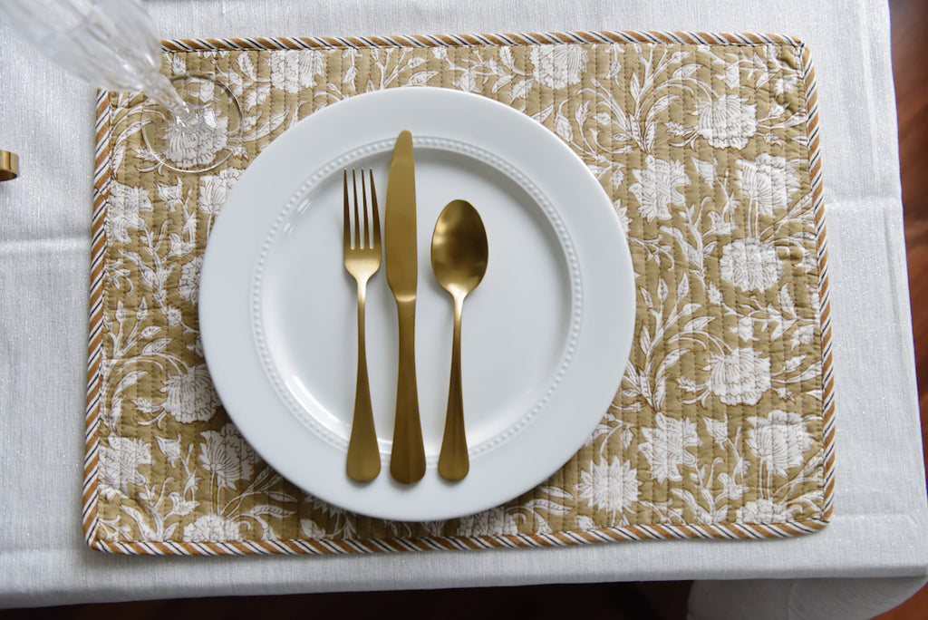 Coffee Reversible Hand-Block Printed Quilted Placemat (Set of 2)