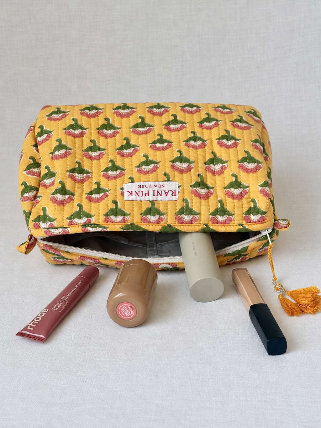 Large Hand-Printed Cotton Travel Pouch, Makeup and Toiletry Bag with Interior Pockets