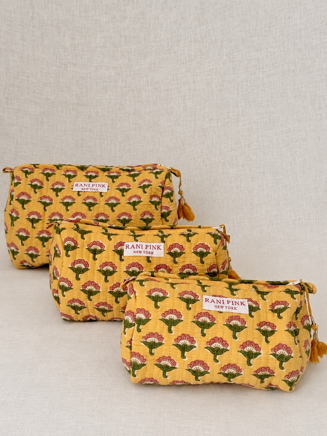 Hand-Printed Cotton Pouch Set of 3, Large, Medium and Small Travel Organizer Bags