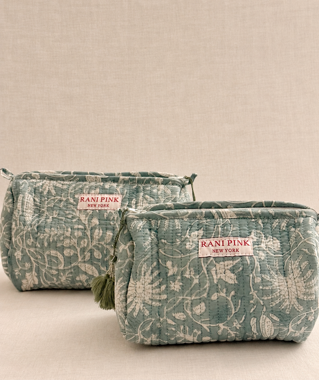 Hand-Printed Cotton Pouch Set of 2, Medium and Small Travel Organizer Bags