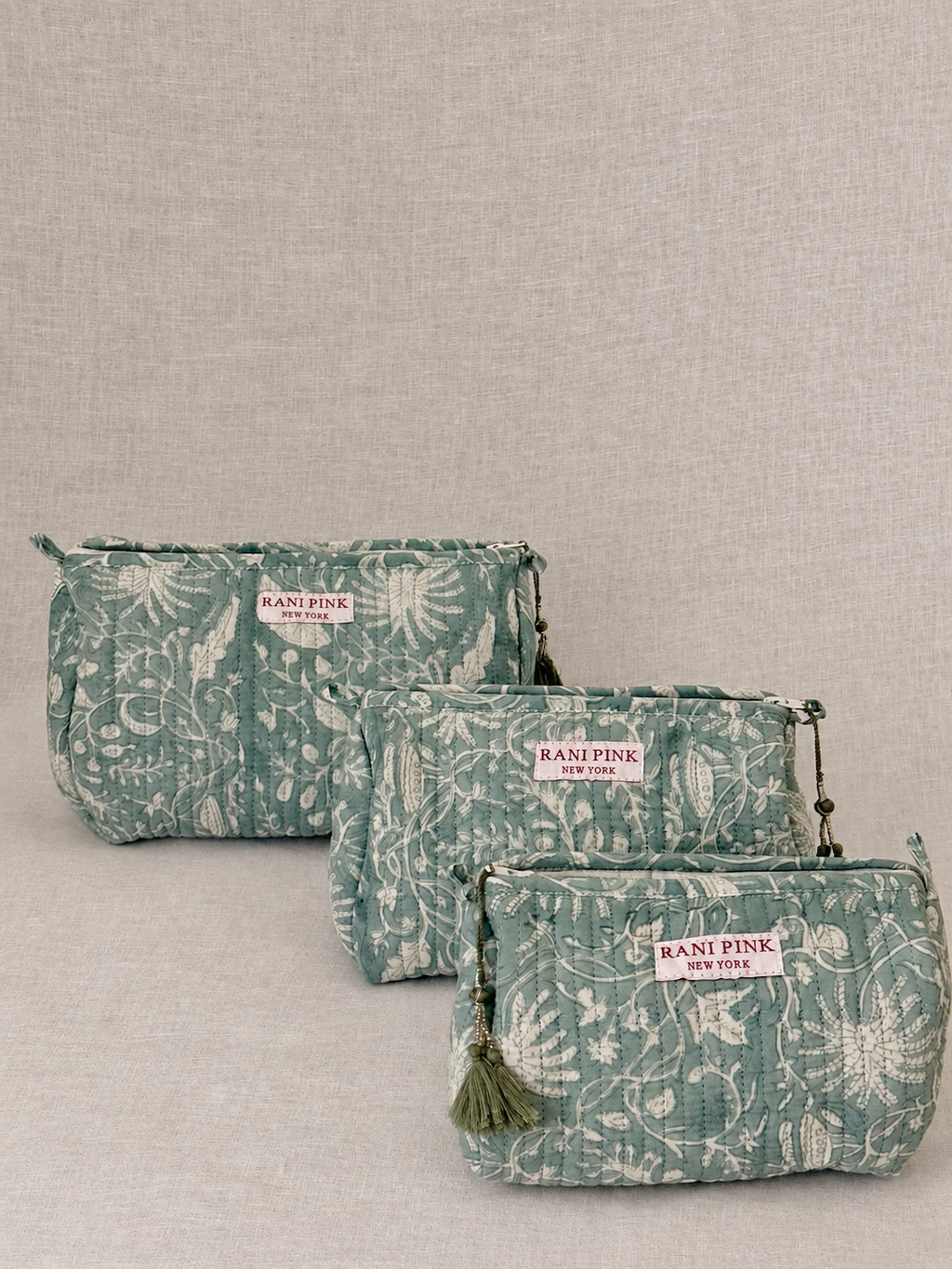 Hand-Printed Cotton Pouch Set of 3, Large, Medium and Small Travel Organizer Bags