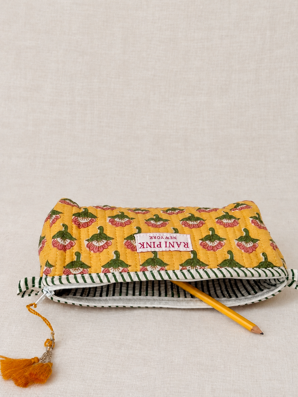 Hand-Block Printed Quilted Cotton Pencil Pouch