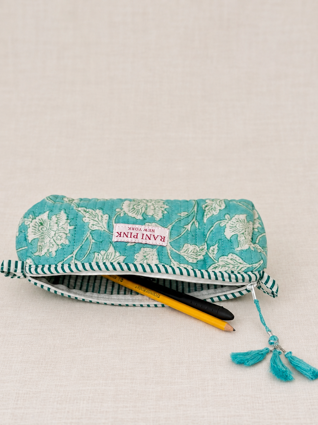Hand-Block Printed Quilted Cotton Pencil Pouch