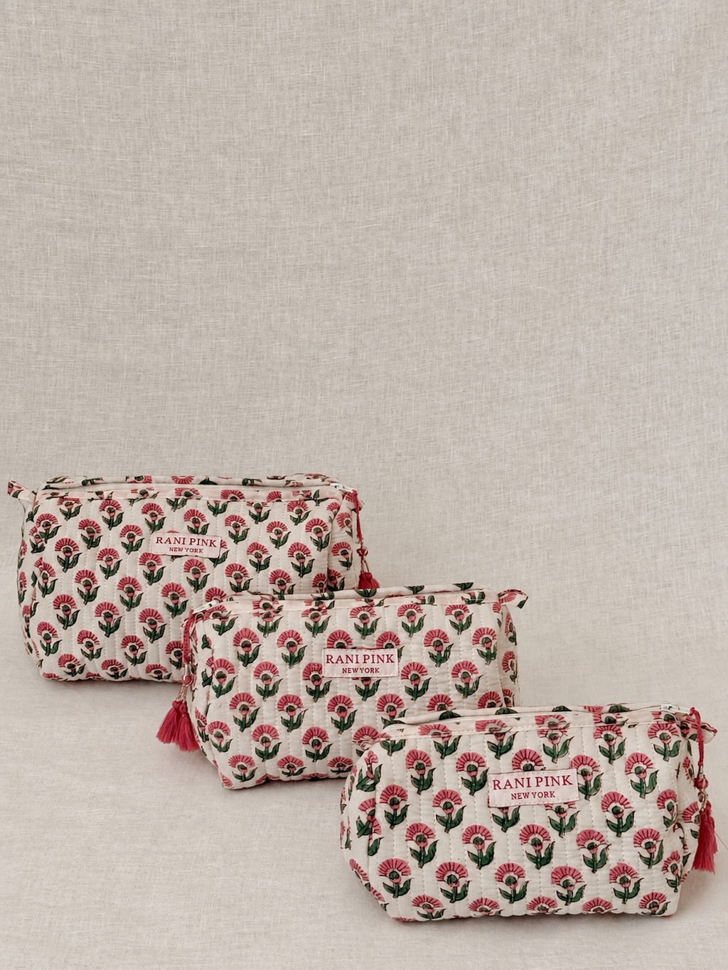 Hand-Printed Cotton Pouch Set of 3, Large, Medium and Small Travel Organizer Bags