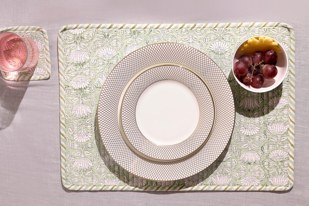 Hand-Block Printed Reversible Quilted Placemat & Coaster (Set of 4)