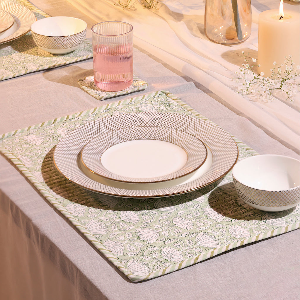 Hand-Block Printed Reversible Quilted Placemat & Coaster (Set of 4)
