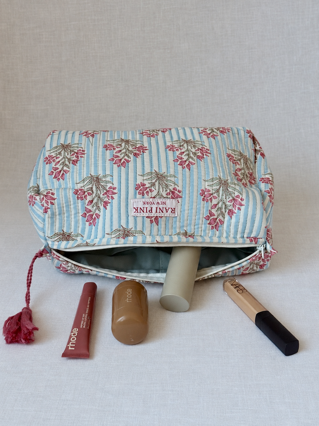 Large Hand-Printed Cotton Travel Pouch, Makeup and Toiletry Bag with Interior Pockets