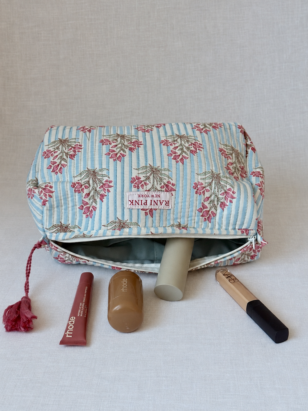 Large Hand-Printed Cotton Travel Pouch, Makeup and Toiletry Bag with Interior Pockets