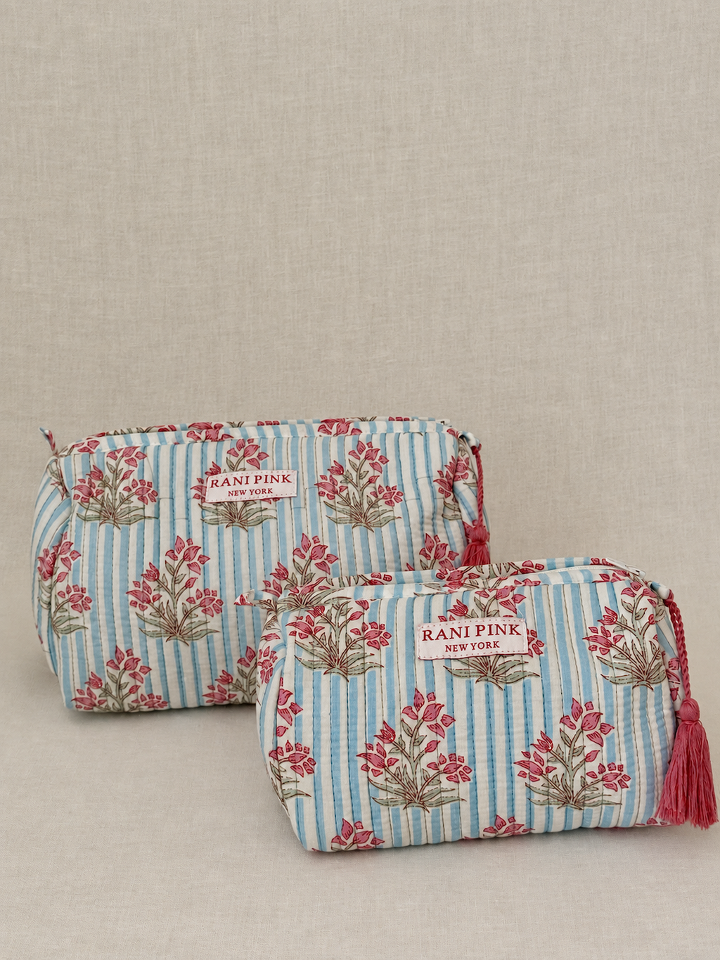 Hand-Printed Cotton Pouch Set of 2, Medium and Small Travel Organizer Bags