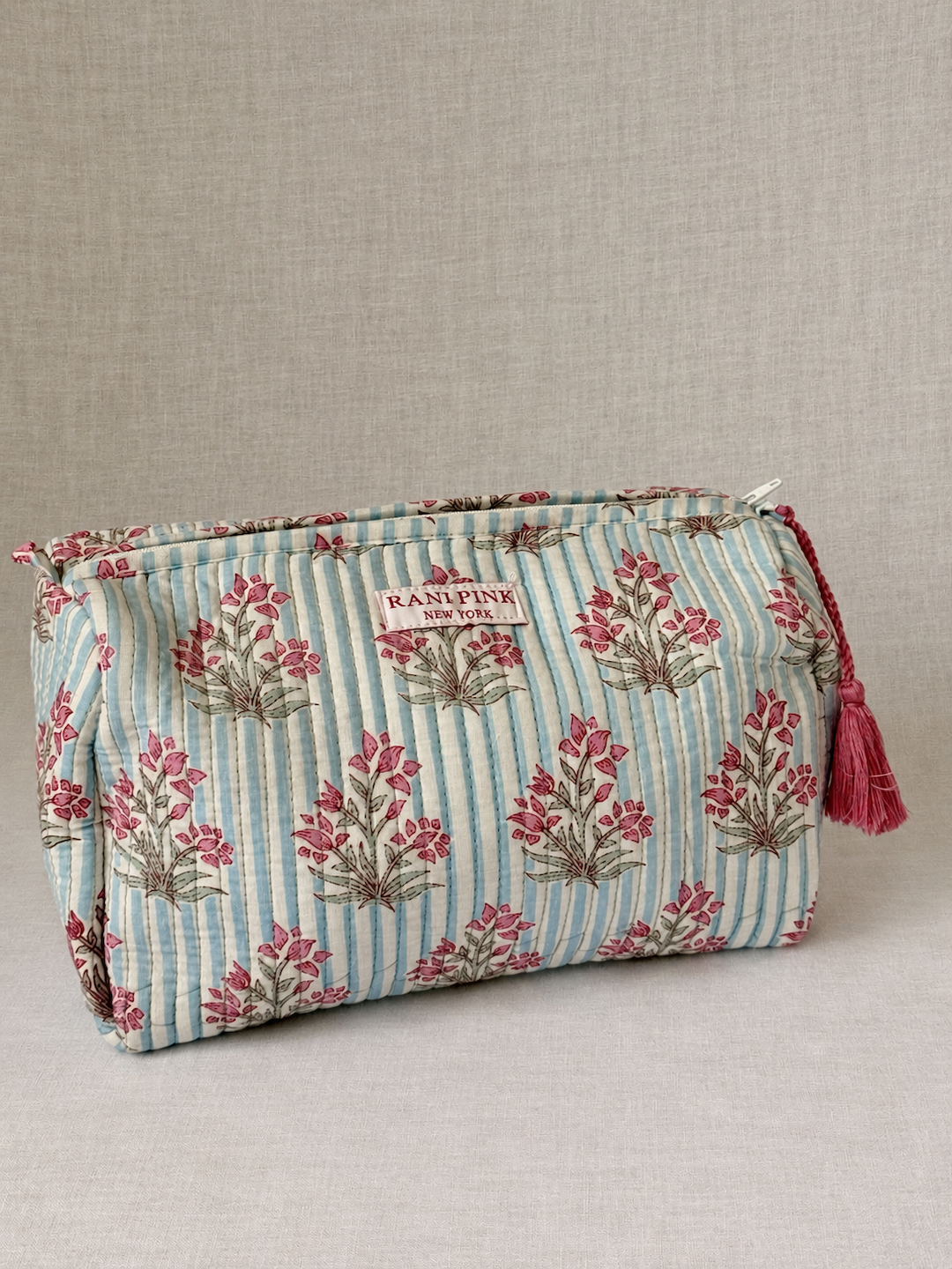 Large Hand-Printed Cotton Travel Pouch, Makeup and Toiletry Bag with Interior Pockets