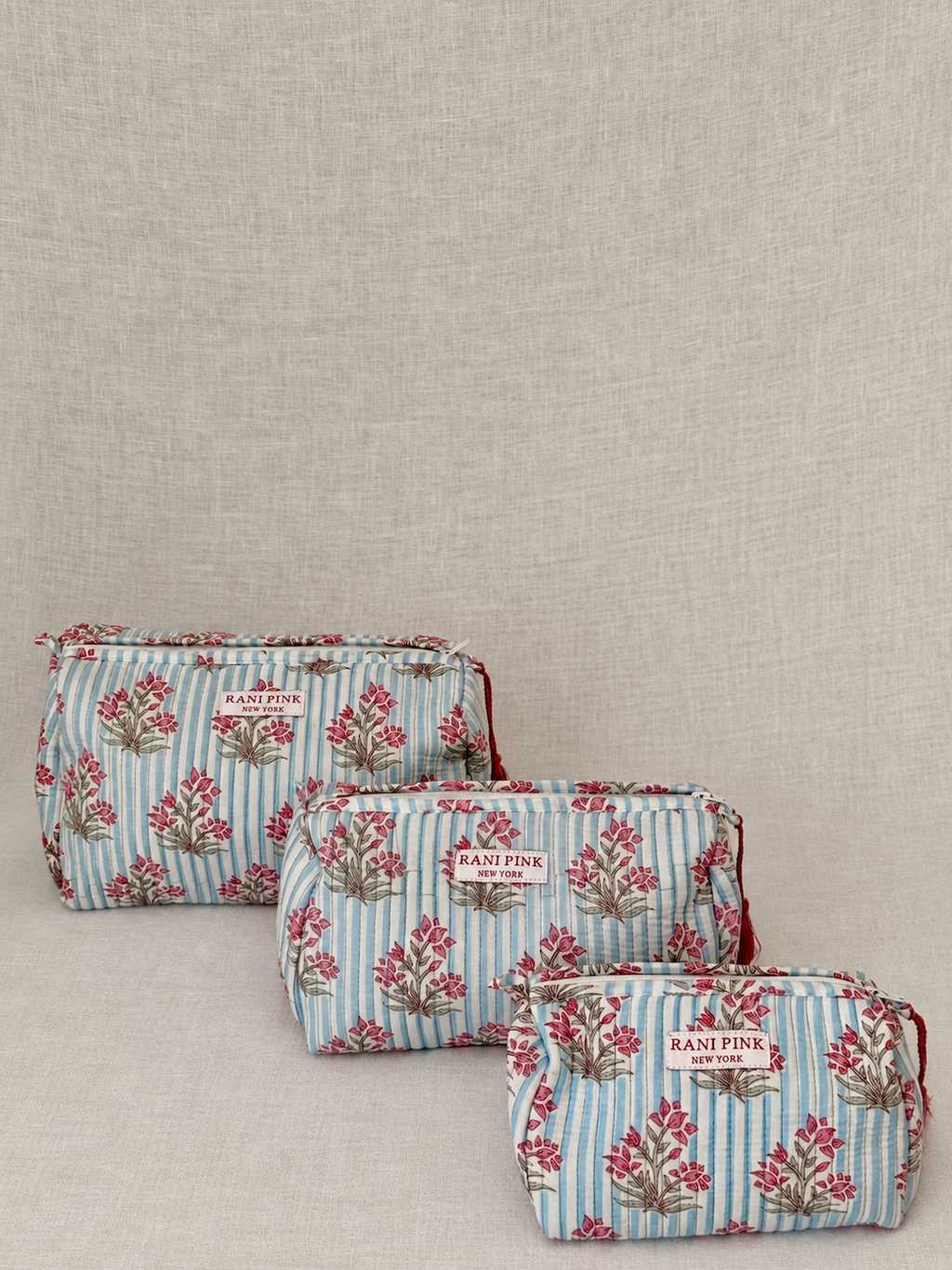 Hand-Printed Cotton Pouch Set of 3, Large, Medium and Small Travel Organizer Bags