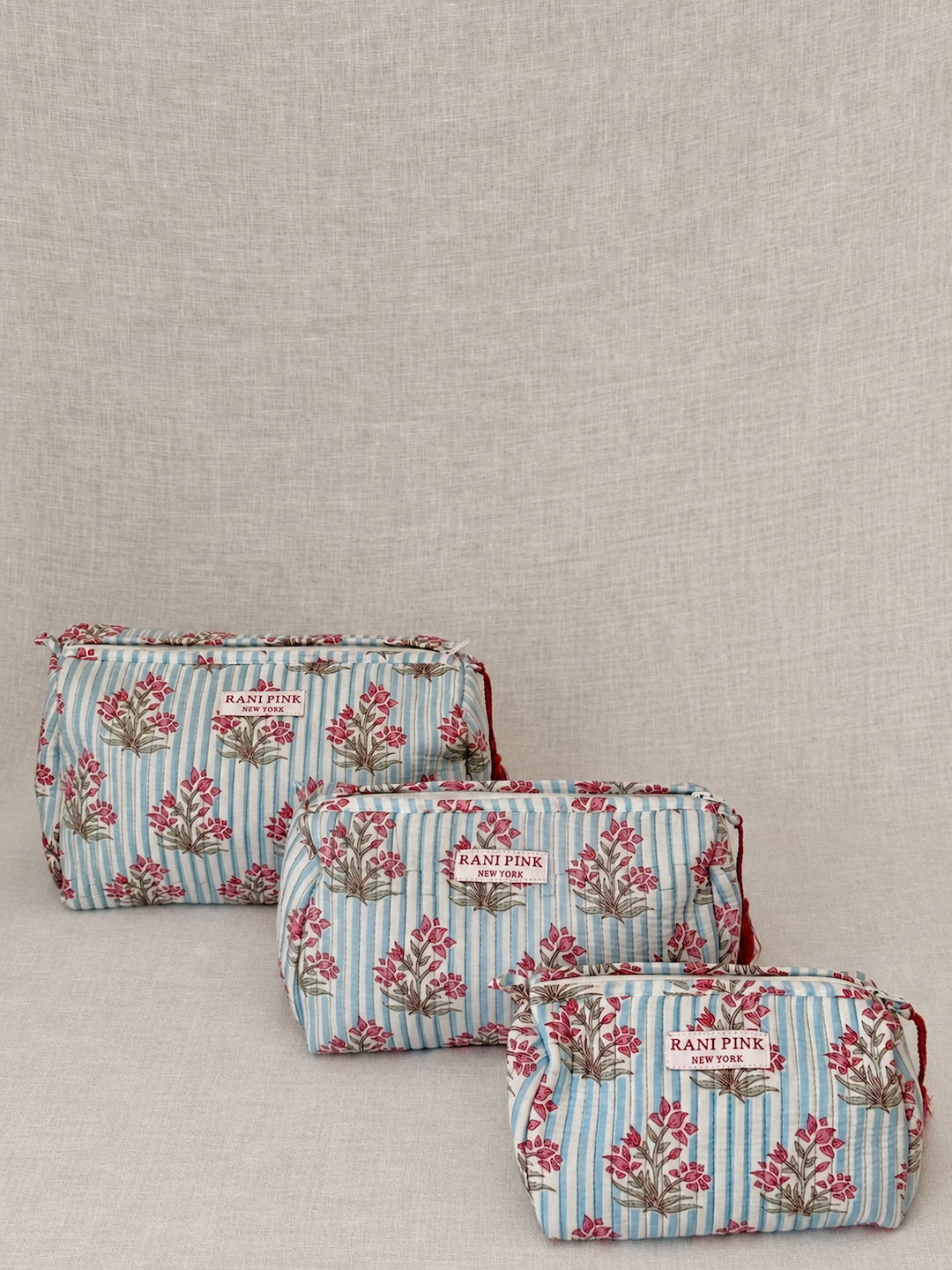 Hand-Printed Cotton Pouch Set of 3, Large, Medium and Small Travel Organizer Bags